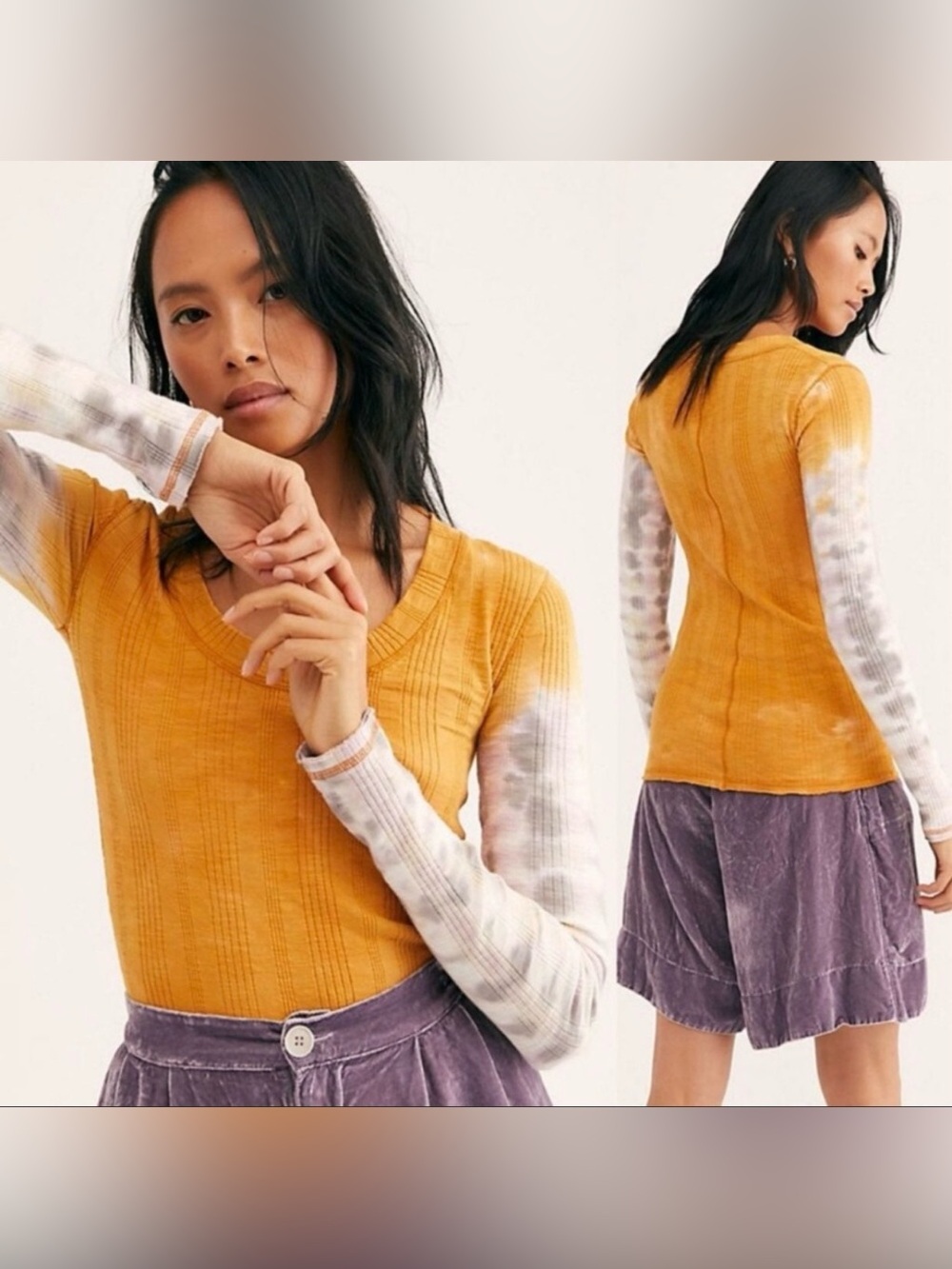 We The Free Orange Ribbed Top with Tie-Dye Long Sleeves